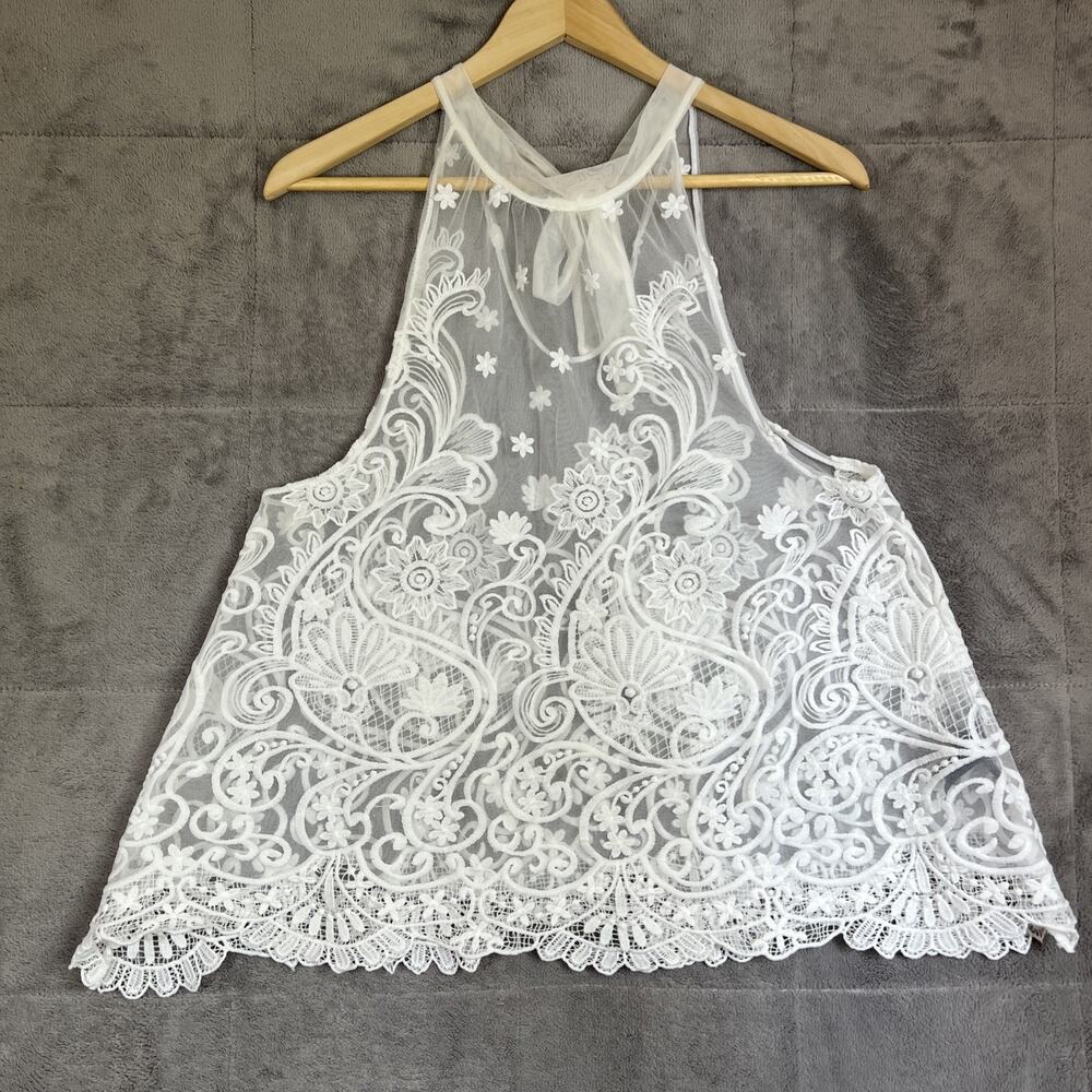 Whitney Bissette Sheer Top Womens Medium Cream Crochet Lace Mesh Fairy Ethereal